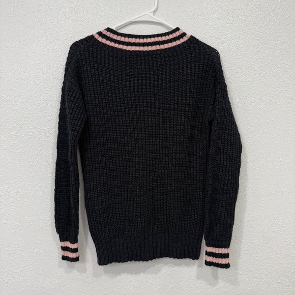 Black V Neck Sweater Pink Trim Long Sleeve Knit‎ Pullover Casual Cute Top Preppy - Picture 3 of 7